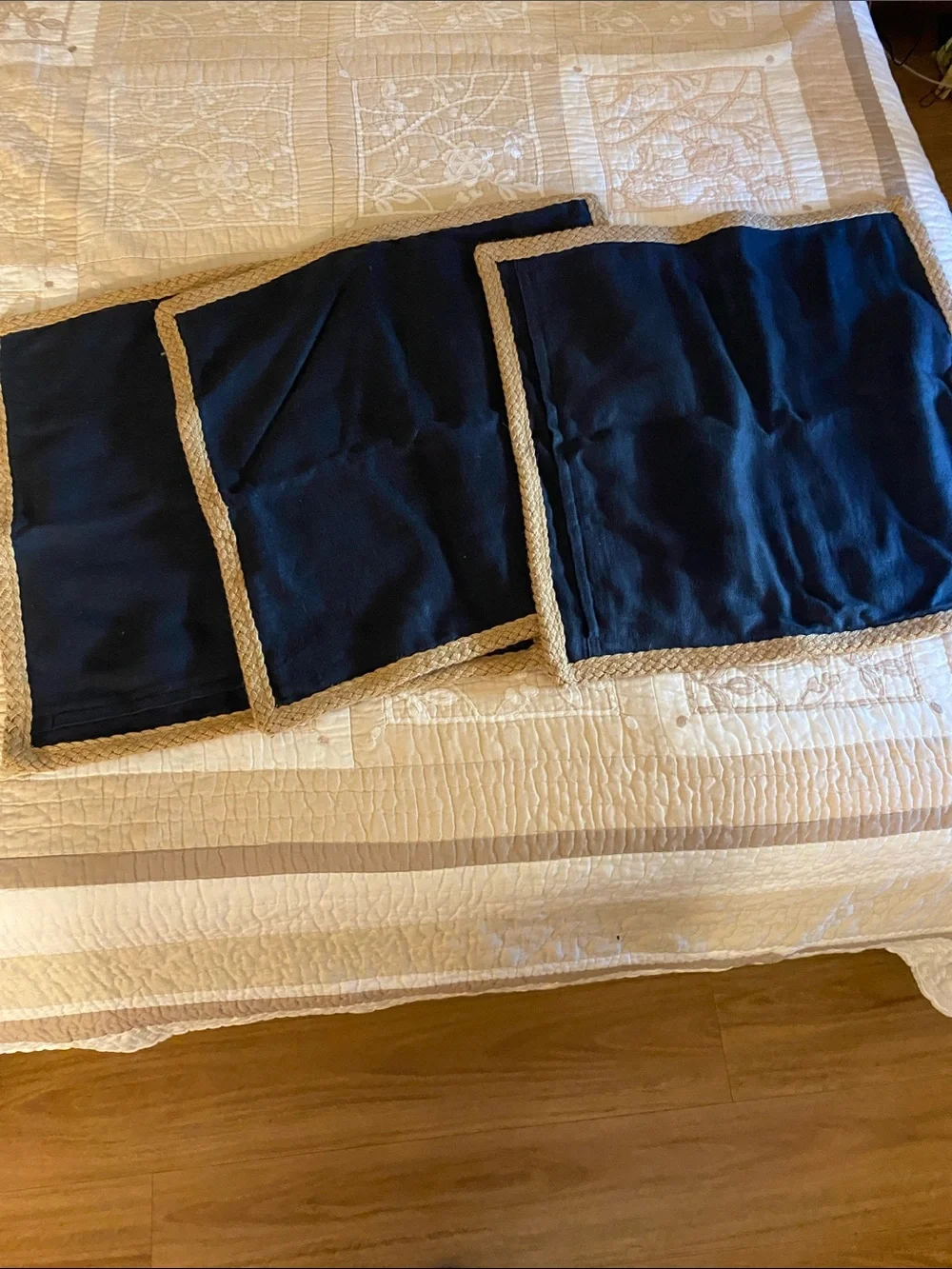 Pottery Barn Navy Blue Accent Pillows with Natural Trim